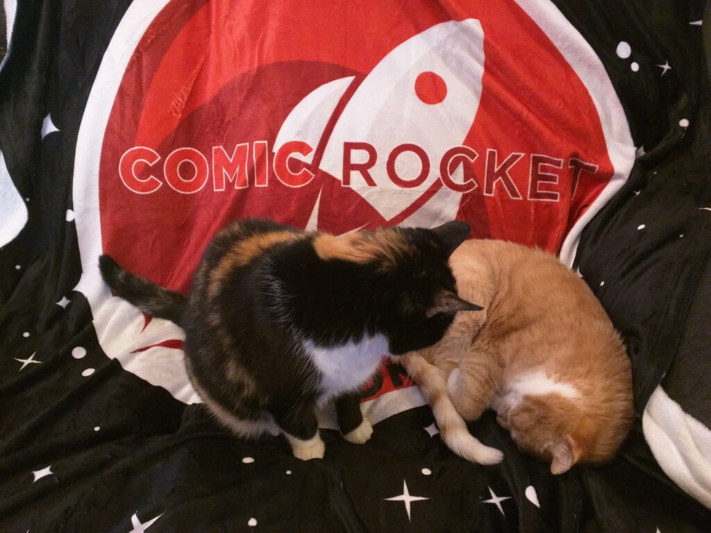 Photo of my two cats on a blanket bearing the Comic Rocket logo.